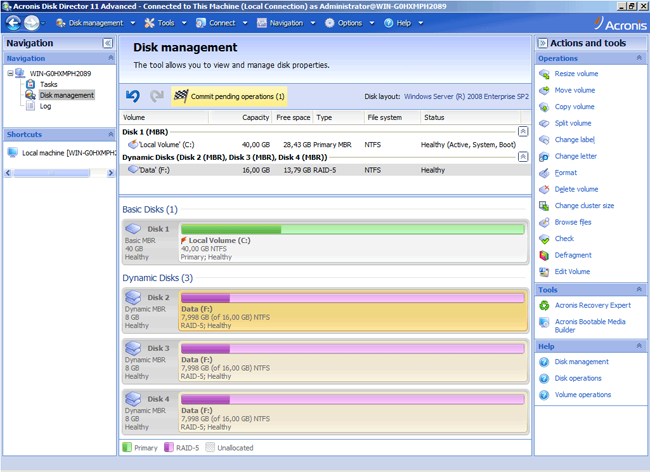 Acronis Disk Director 11 Advanced Workstation interface