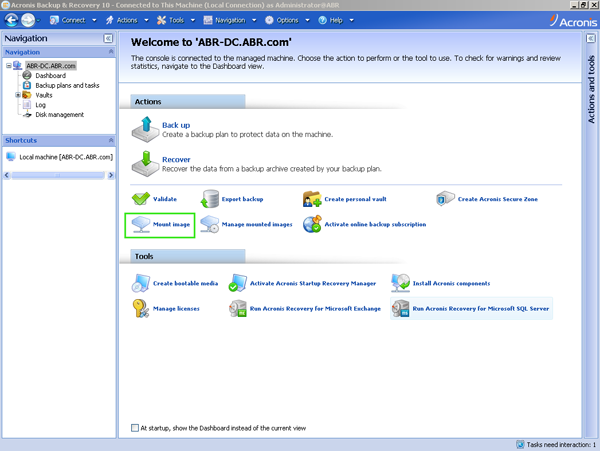 Acronis Backup and Recovery 10 Advanced Workstation interface