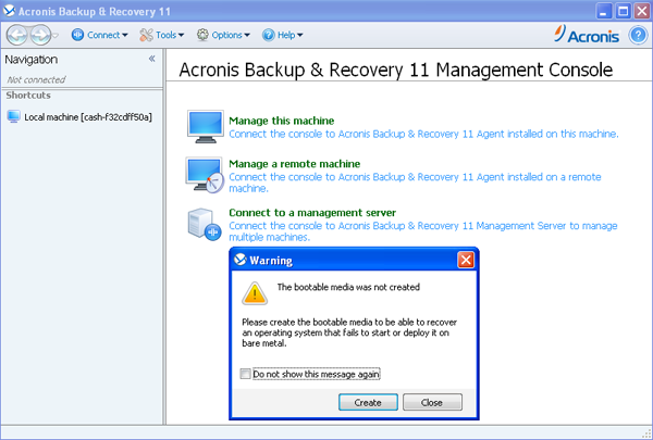 Acronis Backup & Recovery 11.5 Advanced Server management console 