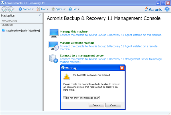 Acronis Backup & Recovery 11.5 Advanced Server management console