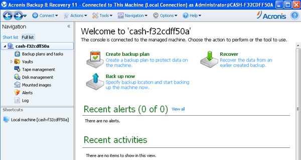 acronis backup and recovery 11.5 sbs edition main interface
