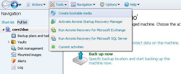 Acronis Backup and Recovery 11.5 Server for Linux interface