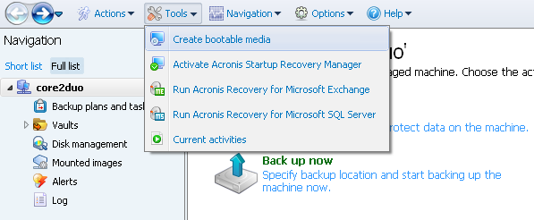 Acronis Backup and Recovery 11.5 Server for Windows interface