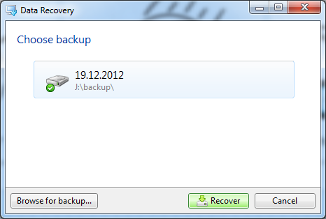 Acronis backup recovery selection window