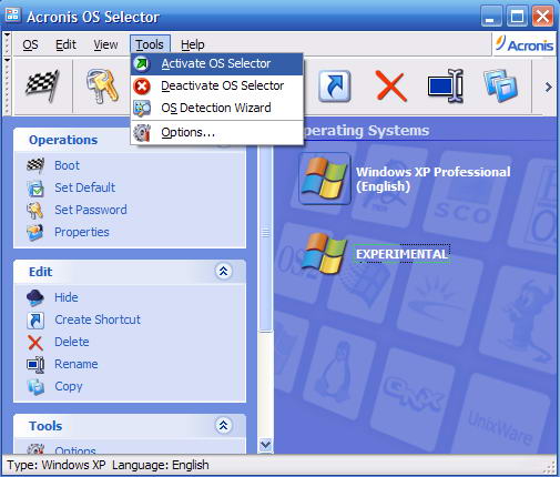 acronis os selector main window