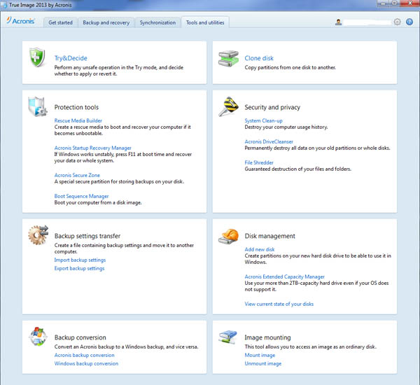 Acronis True Image 2013 tools and utilities