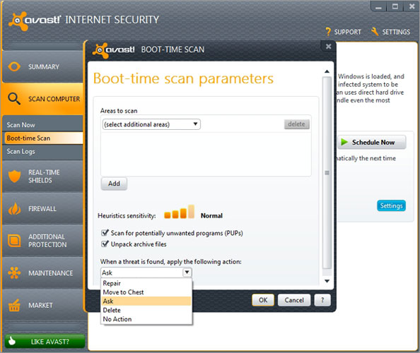 Avast Internet Security 7 boot time scan settings