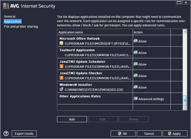 AVG Internet Security 2013 applications permissions