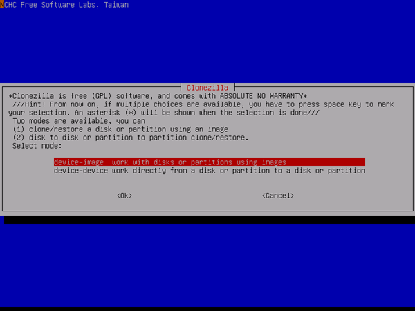 clonezilla option to image or clone device