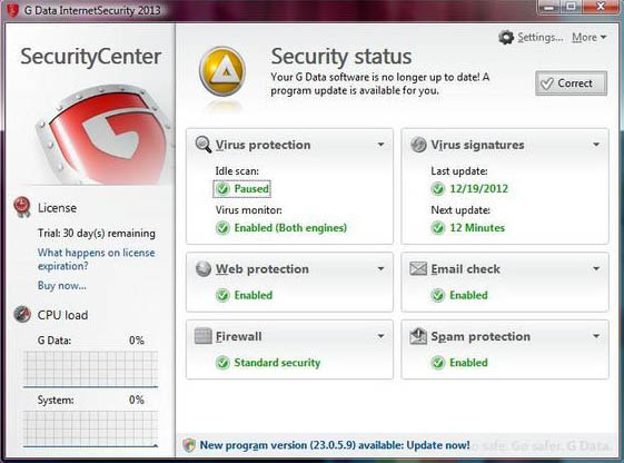 G-Data Internet Security 2013 interface