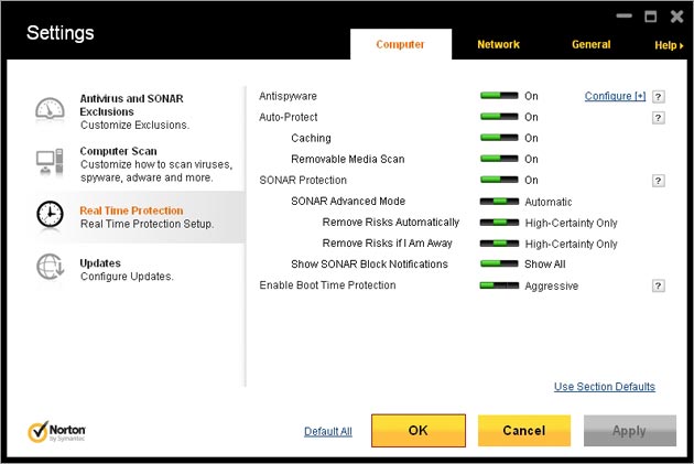 Norton Antivirus 2013 protection settings