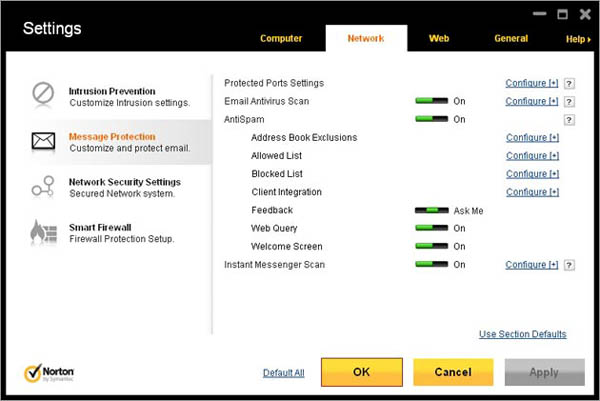 Norton Internet Security 2013 antispam settings