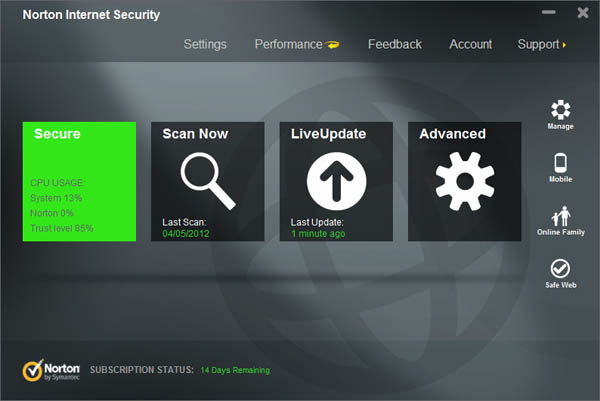 Norton Internet Security 2013 interface