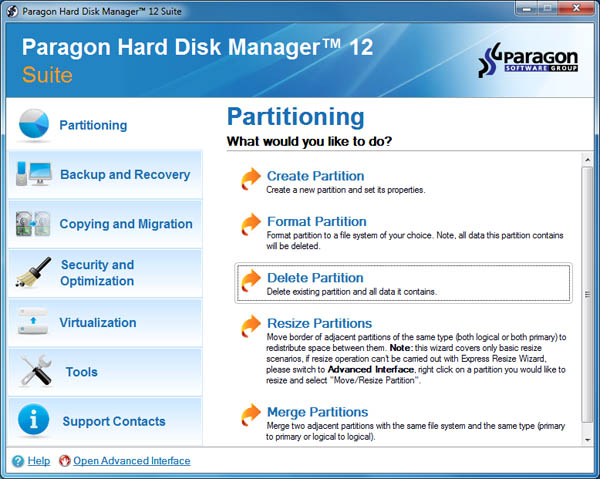Paragon Hard Disk Manager 12 Suite interface