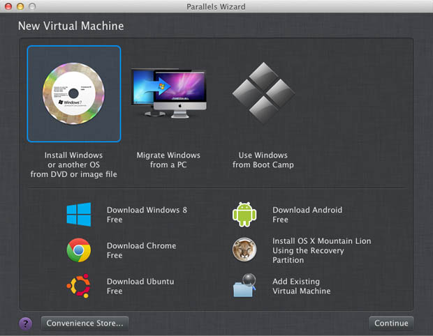 Parallels Desktop 8 for MAC wizard