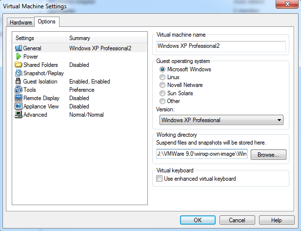 VMware Workstation 9 settings