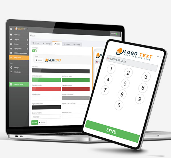 Coupontools Mobile Marketing Kiosk software on laptop with and a Mobile Marketing Kiosk on a tablet.